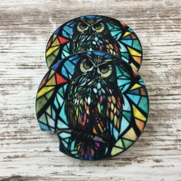 Owl Faux Stained Glass Car Coasters - Set of 2 - Picture 6 of 7